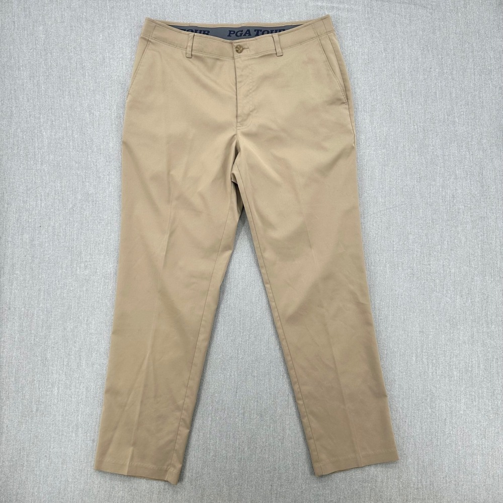 PGA Tour Golf Pants Men's‎ 36x30 Khaki Tan Performance Flat Front Stretch Waist